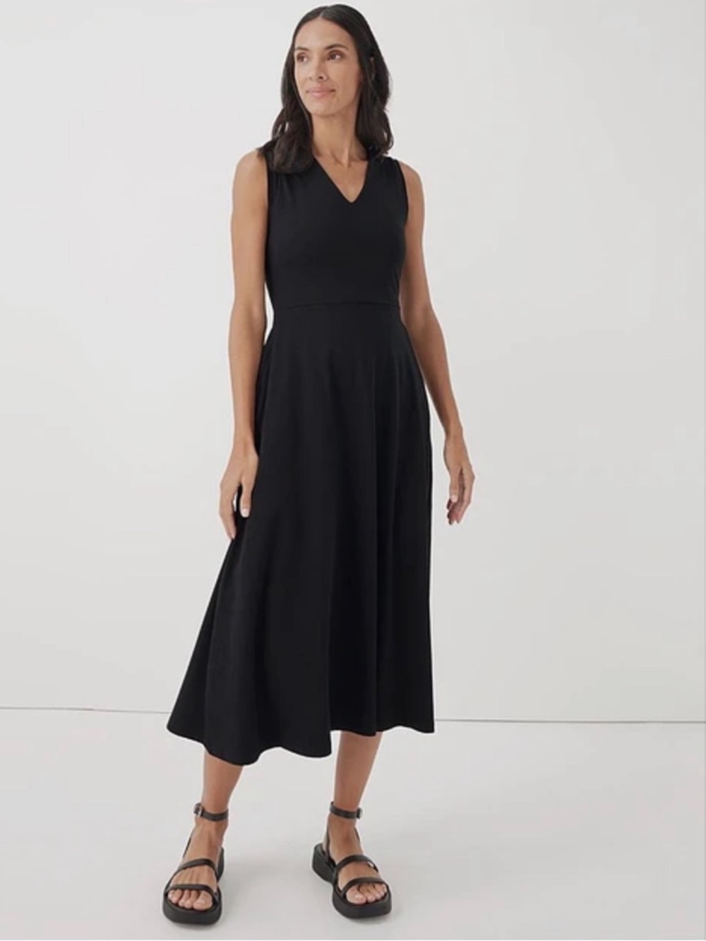 NWT Pact Black Sleeveless V-Neck Midi Dress Organic Cotton Stretch Medium